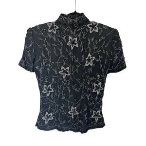 Papell Boutique top women’s size Medium black Indian beaded silk floral  VTG 80